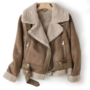 
A women's brown faux suede motorcycle jacket in size XL with a sherpa lining, featuring a stylish collar and long sleeves, displayed against a beige background.