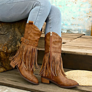 Brown suede fringe cowboy booties for women with a stylish fall fashion design.