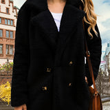 Women's brown teddy coat made of warm double-breasted fleece material, featuring a stylish design suitable for cold weather, shown in Nero color variant and 2XL size.