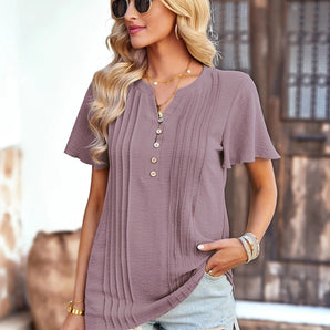 Women's Brown V-Neck Short Sleeve Button-Up Casual Top