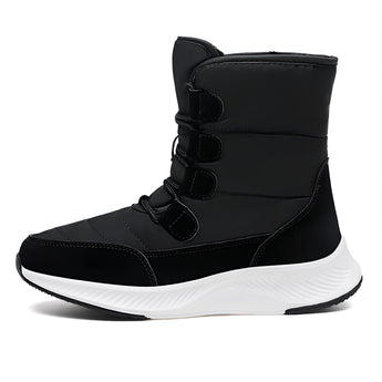 Women's brown waterproof insulated high-top snow boots designed for outdoor activities, showcasing a stylish fashion design with durable synthetic rubber soles.
