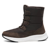 Women's brown high-top snow boots with a stylish design, featuring waterproof and insulated material suitable for outdoor activities.
