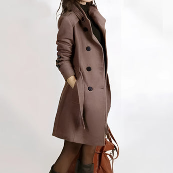 Women's brown wool double-breasted trench coat showcasing a stylish winter design, featuring a classic collar, structured sleeves, and a waist belt for a tailored fit.
