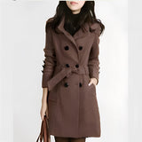 Women's brown wool double-breasted trench coat featuring a stylish design with prominent collar, long sleeves, and a defined waist, perfect for winter wear.
