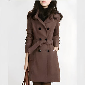 Women's brown wool double-breasted trench coat featuring a stylish design with prominent collar, long sleeves, and a defined waist, perfect for winter wear.