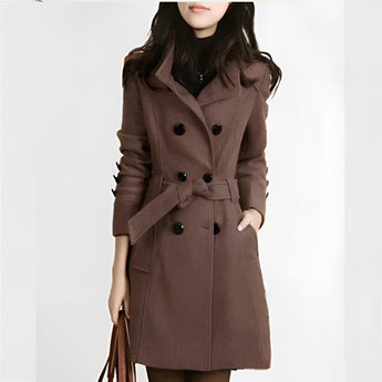 Women's brown wool double-breasted trench coat featuring a stylish design with prominent collar, long sleeves, and a defined waist, perfect for winter wear.