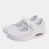 Women's burgundy mesh Mary Jane sneakers featuring a comfortable air cushion design, suitable for walking and outdoor activities.