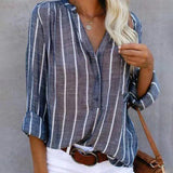Women's burgundy striped blouse with button-up front and rolled sleeves, featuring a casual and fashionable design.