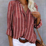 Women's burgundy blouse featuring a striped pattern, casual button-up front, and rolled sleeves, displayed in size 5XL.