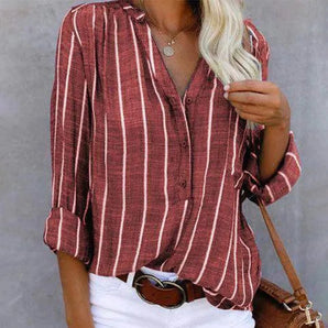 Women's burgundy blouse featuring a striped pattern, casual button-up front, and rolled sleeves, displayed in size 5XL.
