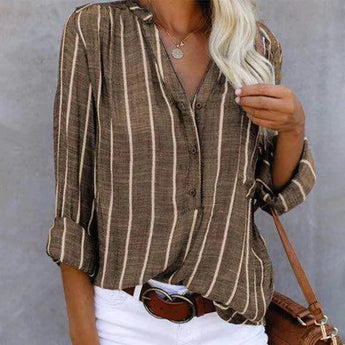 
A women's burgundy striped blouse featuring a casual button-up design with rolled sleeves. The blouse has a classic tartan pattern and is shown in a brown color, available in a size 5XL.