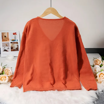 Burnt orange V-neck sweater for women, featuring a soft knit fabric with a relaxed fit, displayed on a clothes hanger.