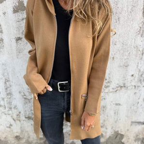 Women's camel coat made of lightweight wool, featuring a casual chic fall jacket design with a tailored fit, long sleeves, and a notched collar, suitable for casual or semi-formal wear.