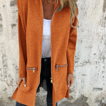 Women's orange camel coat in a lightweight wool fabric, designed as a casual chic fall jacket. The coat features a tailored fit with a blazer-style collar, long sleeves, and a defined waist, shown in a size 5XL.