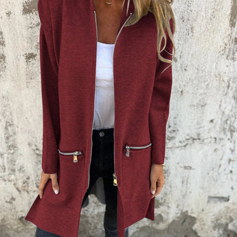 A burgundy women's camel coat in a lightweight wool fabric, designed as a casual chic fall jacket in size 5XL. Features a classic collar, long sleeves, and a tailored waist, perfect for stylish outerwear.
