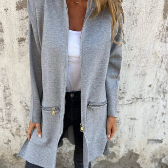 Women's gray lightweight wool fall jacket in 5XL, featuring a chic design with a classic collar, long sleeves, and knee-length hem, perfect for casual wear.