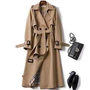 Women's camel double-breasted belted trench coat in khaki with plaid lining, featuring a classic collar, long sleeves, and fashionable waist belt, size 3XL.
