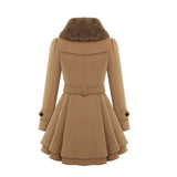 Women's camel skater coat with a fur collar and belt, featuring a flared design, long sleeves, and a tailored waist, in a beige color.