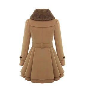 Women's camel skater coat with a fur collar and belt, featuring a flared design, long sleeves, and a tailored waist, in a beige color.