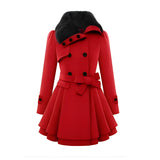 Women's red XXL skater coat with a camel fur collar, belted waist, and flared design, showcasing its stylish winter fashion appeal.