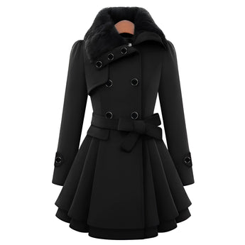 
Women's black fur-collar skater coat with a belted waist and flared design, featuring long sleeves and a stylish winter fashion look in XXL size.