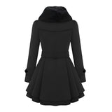 Women's camel-colored skater coat with a fur collar and belted waist, featuring long sleeves and a flared hem for a stylish winter fashion look.