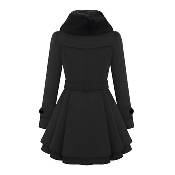 Women's camel-colored skater coat with a fur collar and belted waist, featuring long sleeves and a flared hem for a stylish winter fashion look.