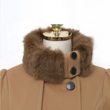 Women's camel skater coat featuring a luxurious fur collar, belted waist, and flared hem for winter fashion. The coat is elegantly designed with a beige tone and long sleeves, made from natural materials.