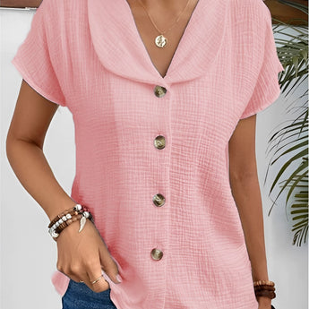 Women's Casual Chic V-Neck Button Front Short Sleeve Blouse in Pink, Size XL (44-46), showing button details, V-neckline, and short sleeves.