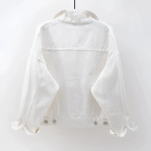 Women's casual lightweight white denim jacket with long sleeves and a classic collar, designed for summer fashion.