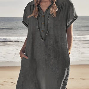 Women's Casual Linen V-Neck Beach Dress in Gray, 5XL, Lightweight, Short Sleeve, Boho Style, displayed on a beach setting.