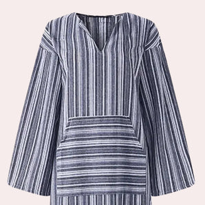 Women's casual striped V-neck tunic dress featuring bell sleeves, primarily in shades of grey and white, perfect for fall fashion.