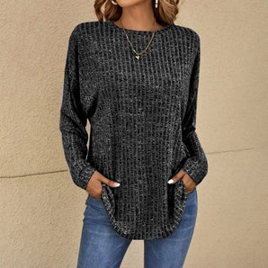 Women's charcoal sweater with long sleeves, shown in black color and size 5XL, featuring a casual pullover knit design.
