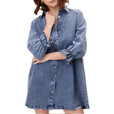 Women's knee-length denim shirt dress with button-front detail, featuring long sleeves, a collar, and a fitted waist in a chic grey color.