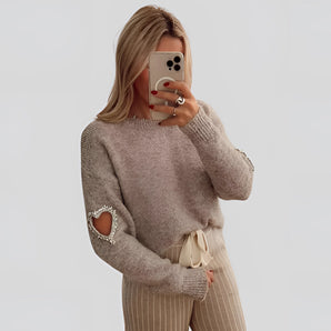 Women's Chic Knit Wool Sweater with Heart Cutout - Trendy Beige Pullover