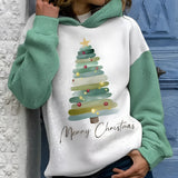 Women's white and green graphic hoodie with a festive Christmas tree design, featuring long sleeves, pullover style, and a comfortable fit in size 3XL.