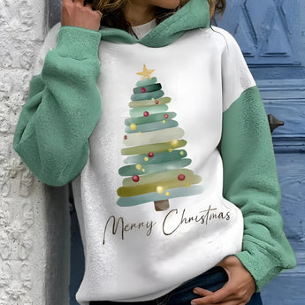 Women's white and green graphic hoodie with a festive Christmas tree design, featuring long sleeves, pullover style, and a comfortable fit in size 3XL.