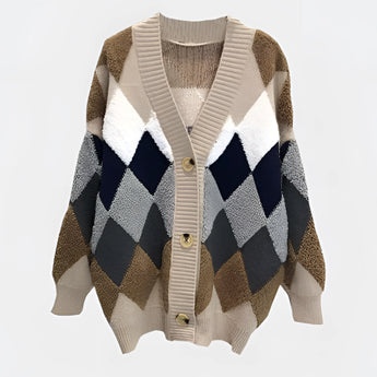 Women's chunky knit houndstooth oversized cardigan sweater in khaki, featuring a cozy and textured design with an open front and long sleeves.