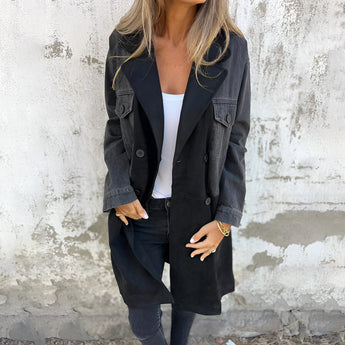 Women's stylish color-block long denim jacket in Nero, size 4XL, featuring a grey color scheme with a classic collar, long sleeves, and a relaxed fit suitable for fall fashion.