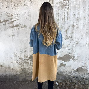 Women's color-block long denim jacket with a stylish fall fashion design, featuring a mix of azure and grey tones, knee-length, long sleeves, and a relaxed fit.