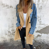 Women's blue color-block long denim jacket in size 4XL, featuring stylish fall fashion elements with a focus on the shoulder, neck, and sleeve design.