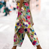 Women's colorful wide-leg bohemian floral pants with a relaxed fit, perfect for summer fashion.