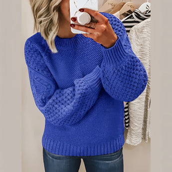 Women's dark blue cable knit sweater in 3XL size, featuring a cozy winter design with long sleeves, a round neckline, and intricate knit pattern.
