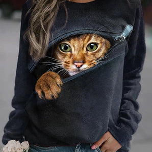 Black women's zip-up hoodie featuring a cozy design with a cute cat face and whiskers on the front, available in size 3XL.