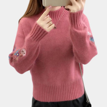 Women's cozy sweater in XL size with rose floral embroidery, featuring long sleeves and a comfortable fit, perfect for autumn and winter fashion.