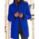 Women's blue mid-length wool winter coat with a notch lapel and three-button closure, featuring a cozy design and visible sleeve and shoulder details.