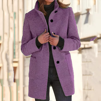 
A purple mid-length winter coat for women featuring a notch lapel and three-button closure, designed for cozy warmth with wool material. The coat is displayed in a 3XL size.