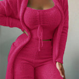 
A dark pink women's cozy knit loungewear set featuring a hooded cardigan with long sleeves and a drawstring crop top, displayed in a 3XL size. The fabric has a woolen texture with a subtle pattern.