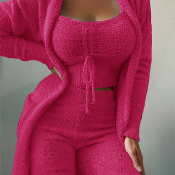 
A dark pink women's cozy knit loungewear set featuring a hooded cardigan with long sleeves and a drawstring crop top, displayed in a 3XL size. The fabric has a woolen texture with a subtle pattern.