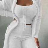 Women's cozy knit loungewear set in white, featuring a hooded cardigan and drawstring crop top in size 3XL. The image highlights the garment's long sleeves, comfortable fit, and soft texture.